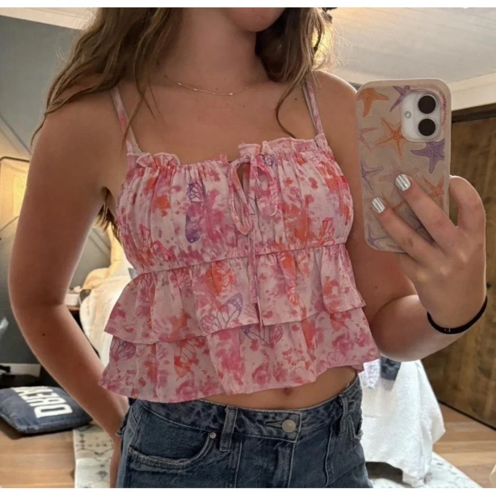 Wild Fable Womens Small Tiered Ruffle Tank Top in Light Pink Butterfly Print - Picture 3 of 12